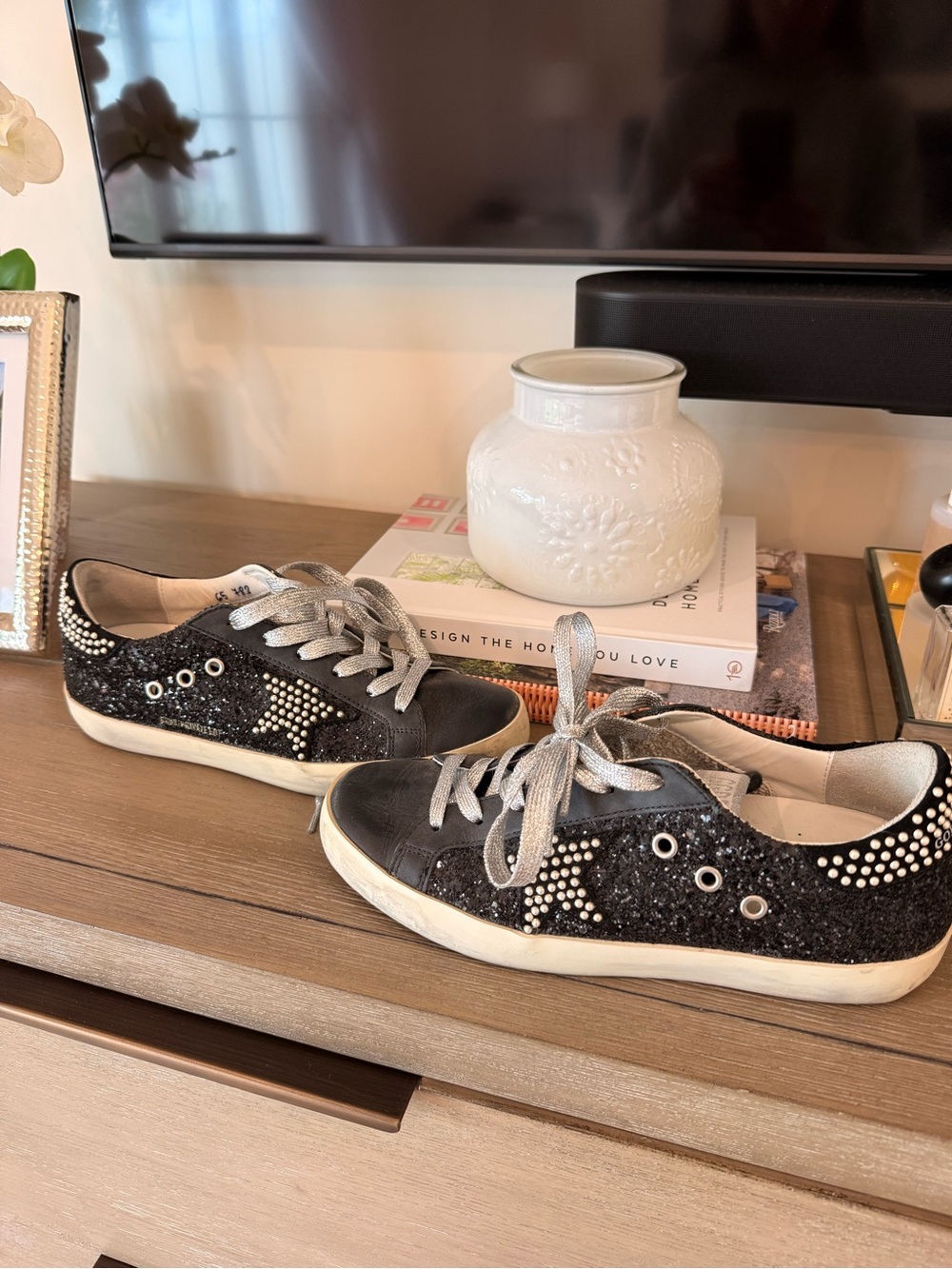 Authentic Golden goose Women’s Black Glitter Sneakers with Silver Accents